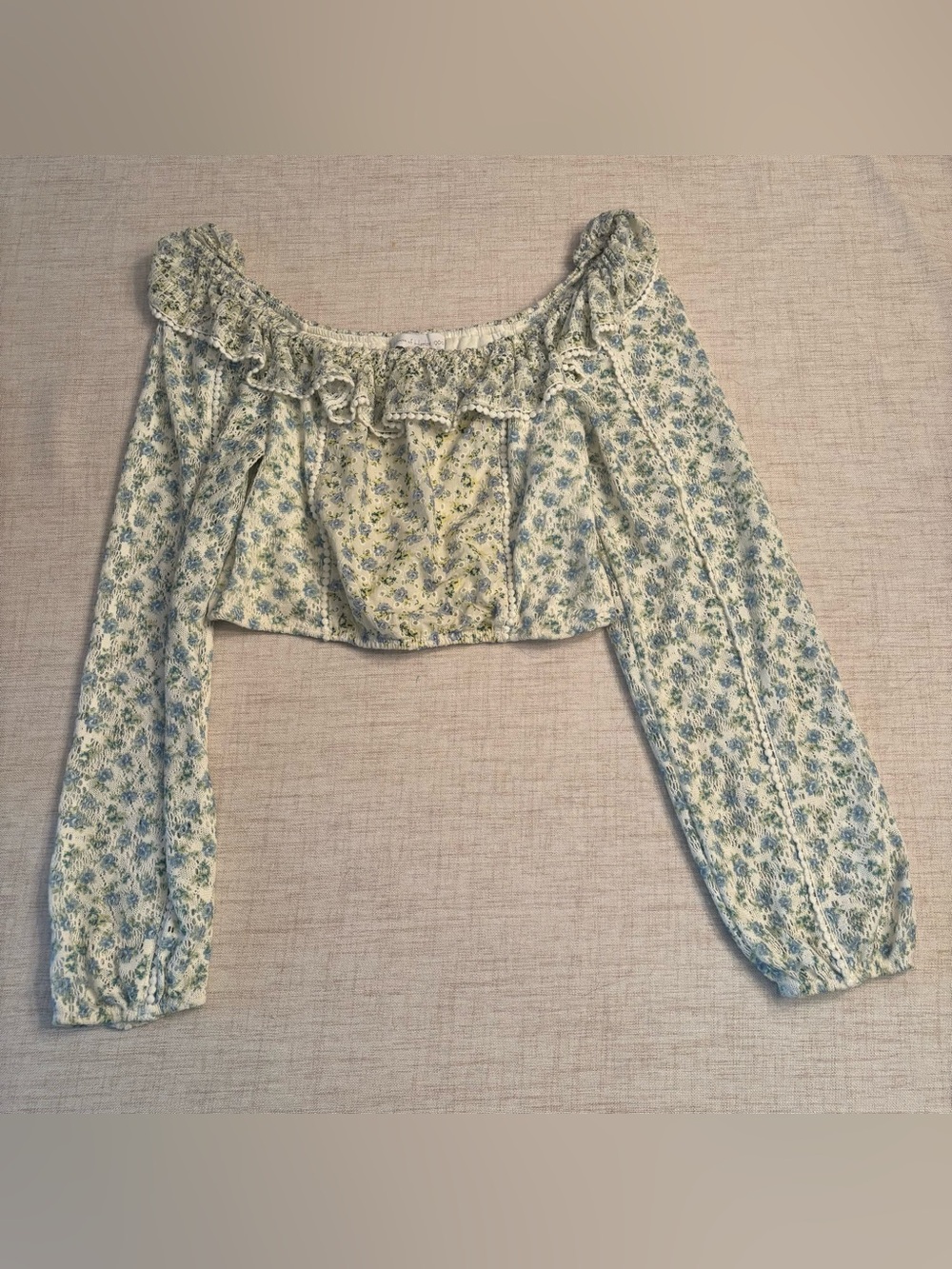 House of Harlow 1960 Blue and Cream Floral Ruffle Crop Top Small Cottagecore